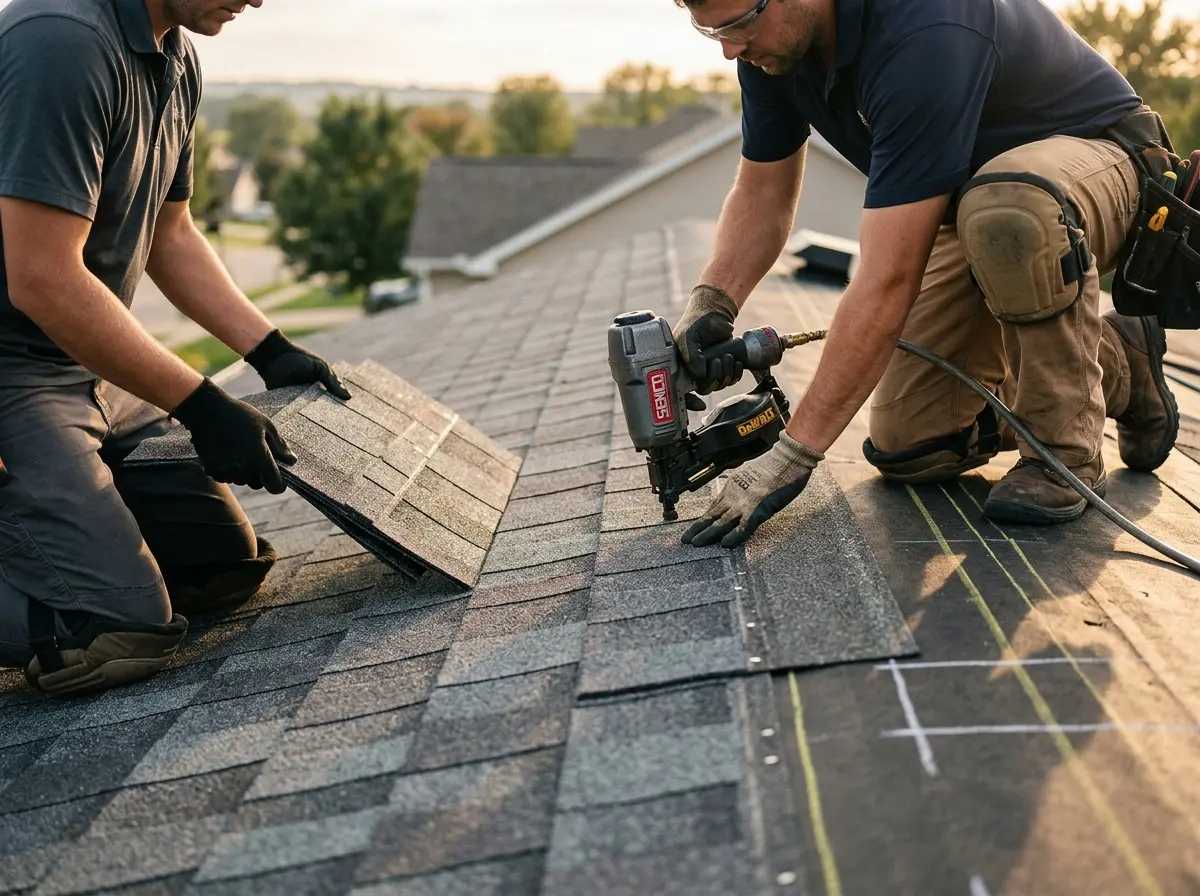 Professional roofer working on a residential roof in Franklin